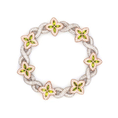 MEN'S GREEN ACCENT CLOVER INFINITY LINK DIAMOND BRACELET - 10KT ROSE + WHITE GOLD & 14 CTW