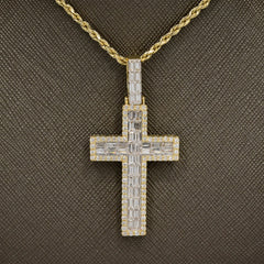 25MM 10k Yellow Gold 1.9CTW Lab Grown Baguette Diamond 8g 2 Layer Cross Charm