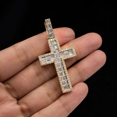 25MM 10k Yellow Gold 1.9CTW Lab Grown Baguette Diamond 8g 2 Layer Cross Charm