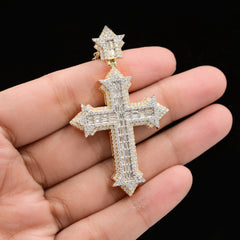 33MM 10k Yellow Gold 1.85CTW Lab Grown Baguette Diamond 8.9g Cross Pointer Charm