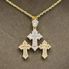 34MM 10k Yellow Gold 1.67CTW Lab Grown Baguette Diamond 10.5g Triple Cross Charm