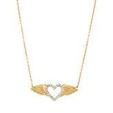 14Kt Yellow Gold Womens Cubic Zirconia Diamond-Cut Heart With Angel Wings Charm Pendant