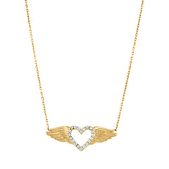 14Kt Yellow Gold Womens Cubic Zirconia Diamond-Cut Heart With Angel Wings Charm Pendant