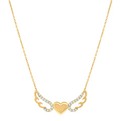 14Kt Yellow Gold Womens Cubic Zirconia Heart With Angel Wings Charm Pendant