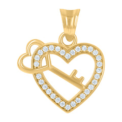 14Kt Yellow Gold Womens Cubic-Zirconia Key & Heart Charm Pendant