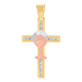 14Kt Tri-Color Gold Unisex Cubic-Zirconia First Communion Cross Ceremony Religious Charm Pendant