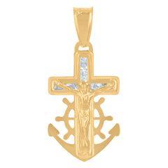 14Kt Yellow Gold Mens Cubic-Zirconia Anchor Crucifix Religious Charm Pendant