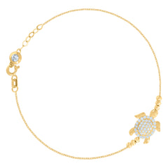14kt Yellow Gold Womens Cubic-Zirconia Beaded Turtle Ocean Charm Anklet Bracelet Size 8 Inches