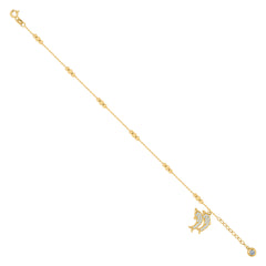14kt Yellow Gold Womens Cubic-Zirconia Jumping Dolphins Fashion Charm Beaded Anklet Bracelet Size 8 Inches