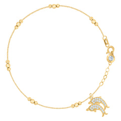 14kt Yellow Gold Womens Cubic-Zirconia Jumping Dolphins Fashion Charm Beaded Anklet Bracelet Size 8 Inches