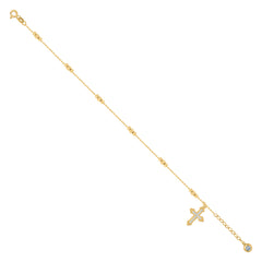 14kt Yellow Gold Womens Cubic-Zirconia Beaded Cross Religious Charm Anklet Bracelet Size 8 Inches