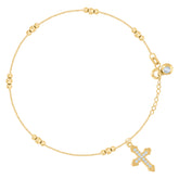 14kt Yellow Gold Womens Cubic-Zirconia Beaded Cross Religious Charm Anklet Bracelet Size 8 Inches