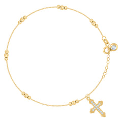 14kt Yellow Gold Womens Cubic-Zirconia Beaded Cross Religious Charm Anklet Bracelet Size 8 Inches