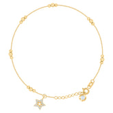14kt Yellow Gold Womens Cubic-Zirconia Star Fashion Charm Beaded Anklet Bracelet Size 8 Inches