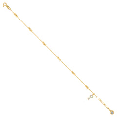 14kt Yellow Gold Womens Cubic-Zirconia Key Charm Beaded Anklet Bracelet Size 8 Inches