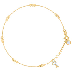 14kt Yellow Gold Womens Cubic-Zirconia Key Charm Beaded Anklet Bracelet Size 8 Inches