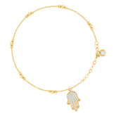 14kt Yellow Gold Womens Cubic-Zirconia Hamsa Symbol Religious Charm Beaded Anklet Bracelet Size 8 Inches
