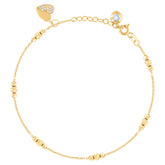 14kt Yellow Gold Womens Cubic-Zirconia Heart Charm Beaded Anklet Bracelet Size 8 Inches