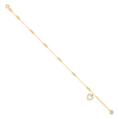 14kt Yellow Gold Womens Cubic-Zirconia Beaded Heart Charm Anklet Bracelet Size 8 Inches
