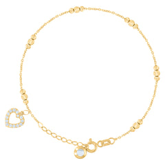 14kt Yellow Gold Womens Cubic-Zirconia Beaded Heart Charm Anklet Bracelet Size 8 Inches