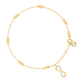 14kt Yellow Gold Womens Cubic-Zirconia Infinity Charm Beaded Anklet Bracelet Size 8 Inches