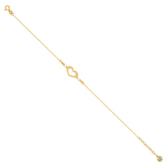 14kt Yellow Gold Womens Cubic-Zirconia Beaded Heart Charm Anklet Bracelet Size 8 Inches