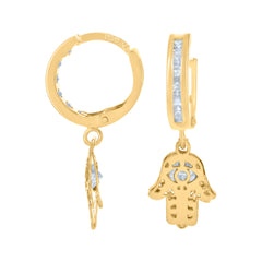 10kt Yellow Gold Unisex Cubic-Zirconia Hamsa Dangle Hoop Earrings
