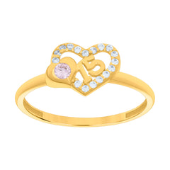 10kt Yellow Gold Womens Purple White Cubic-Zirconia 15 Heart Quinceanera Ring