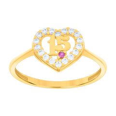 14kt Yellow Gold Womens Purple White Cubic-Zirconia Sweet 15 Heart Quinceanera Ring