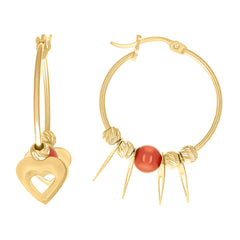 10kt Yellow Gold Womens Heart Red Beaded Hoop Earrings