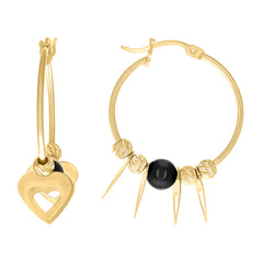 10kt Yellow Gold Womens Heart Black Beaded Hoop Earrings