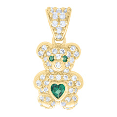 10kt Yellow Gold Womens Green White Heart Round Cubic-Zirconia May Birthstone Teddy Bear Charm Pendant