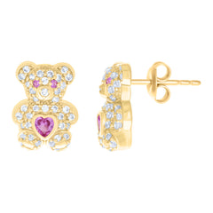 10kt Yellow Gold Womens Pink White Heart Round Cubic-Zirconia October Birthstone Teddy Bear Stud Earrings