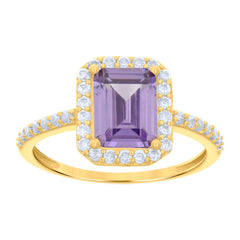 10kt Yellow Gold Womens Purple White Emerald-Cut Round Cubic-Zirconia Engagement Ring