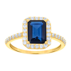 10kt Yellow Gold Womens Blue White Emerald-Cut Round Cubic-Zirconia Engagement Ring