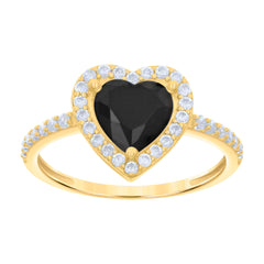 10kt Yellow Gold Womens Black White Heart Round Cubic-Zirconia Heart Engagement Ring