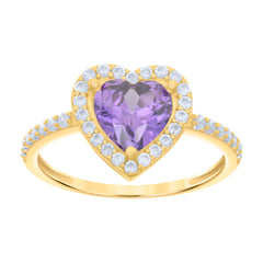 10kt Yellow Gold Womens Purple White Heart Round Cubic-Zirconia Heart Engagement Ring