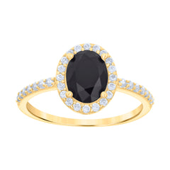 10kt Yellow Gold Womens Black White Oval Round Cubic-Zirconia Engagement Ring