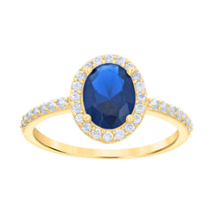 10kt Yellow Gold Womens Blue White Oval Round Cubic-Zirconia Engagement Ring
