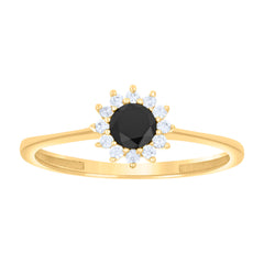 10kt Yellow Gold Womens Black White Cubic-Zirconia Flower Engagement Ring