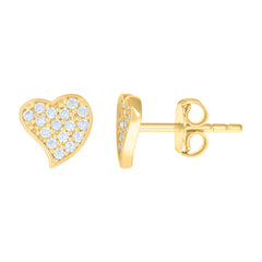 14kt Yellow Gold Womens Cubic-Zirconia Heart Stud Earrings