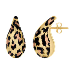 14kt Two-tone Gold Womens Black Enameled Teardrop Leopard Print Scratch Finish Stud Earrings