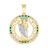 14kt Yellow Gold Unisex Green White Princess-Cut Cubic-Zirconia St. Jude Religious Pendant