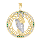 14kt Yellow Gold Mens Green White Princess-Cut Cubic-Zirconia St. Jude Religious Pendant