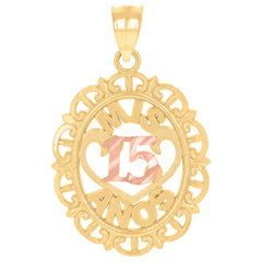 10kt Gold Tri-Color Diamond-Cut Unisex Mis 15 Anos Heart Oval Quinceanera Charm Pendant
