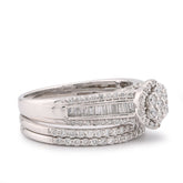 14K White Gold 1CTW Natural Diamond Flower Cluster Centre Halo Baguette Womens Wedding Ring w/ Band 5.6g
