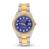 Mens Rolex Datejust 36MM Oyster SS/10k Gold 2CTW Diamond Bezel Blue Face Watch