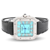 Mens Cartier Santos 35MM 4.5CTW Natural Diamond Leather Strap Band Tiffany Blue Face Watch