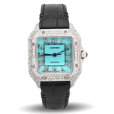 Mens Cartier Santos 35MM 4.5CTW Natural Diamond Leather Strap Band Tiffany Blue Face Watch