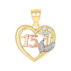 10kt Gold Tri-Color Cubic-Zirconia Womens 15 Anos Heart Charm Pendant